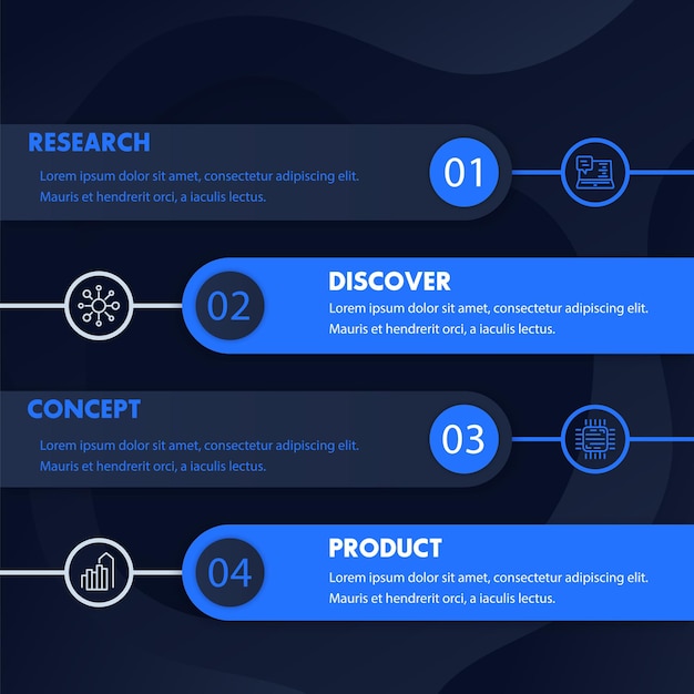 Vector 1 2 3 4 pasos línea de tiempo desarrollo de productos diseño de infografías