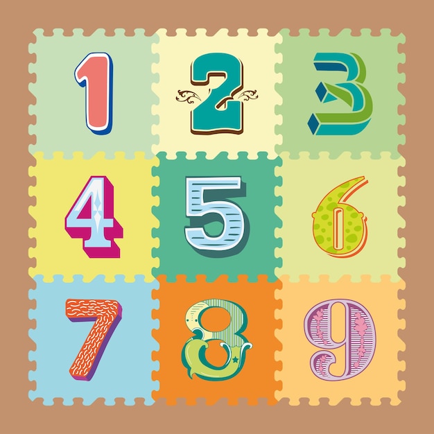 Vector 1-9 ilustración de learn numbers con diferentes diseños de tapetes de rompecabezas tipográficos