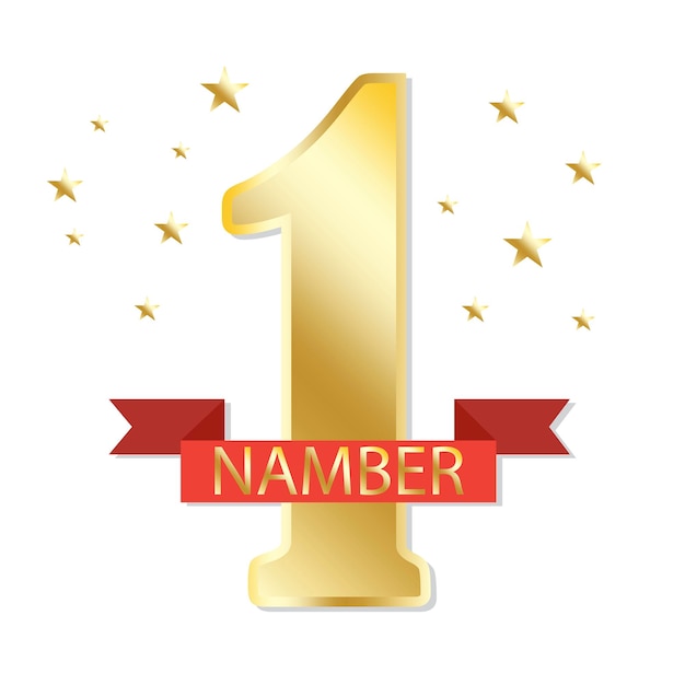1 con una cinta roja Insignia del ganador del número uno Símbolo del primer lugar Logotipo de oro del campeón Ilustración vectorial