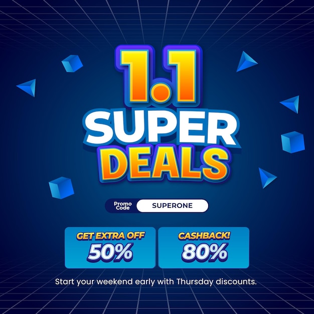 1 Día de compras Ofertas de descuento de venta Gradiente azul Efecto de texto editable Banner de estilo 3D