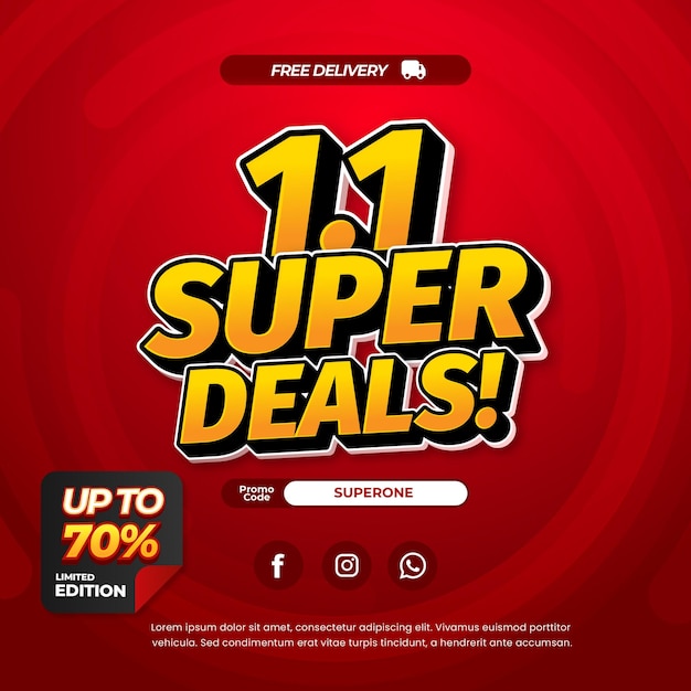 1 Día de compras Ofertas de descuento de venta Gradiente rojo Efecto de texto editable Banner de cómic dinámico en espiral