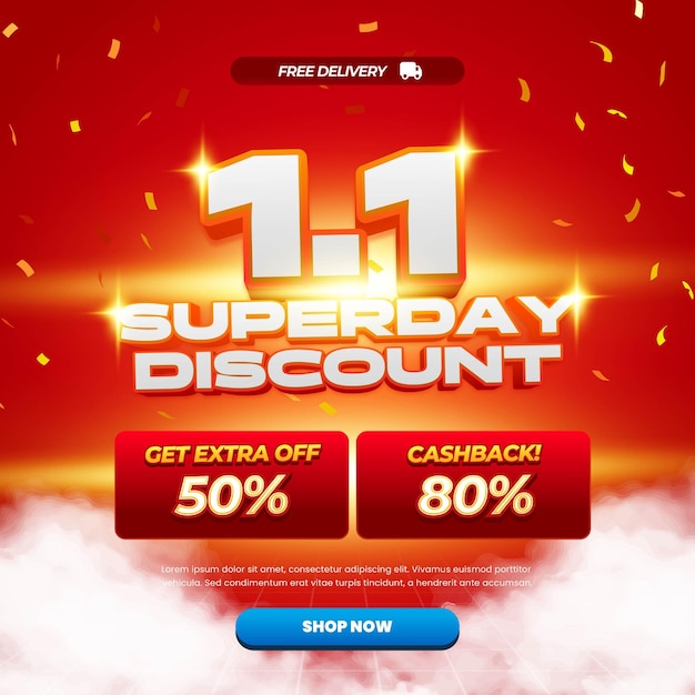 1 Día de compras Ofertas de descuento de venta con gradiente rojo Texto editable en negrita con confeti nublado