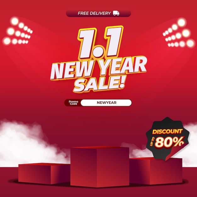 1 New Year Shopping Sale discount Soft deep red gradient Editable text effect Box Showcase banner