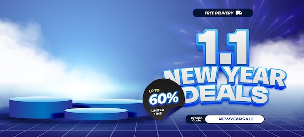 1 pancarta de ofertas de Año Nuevo con texto 3D y insignia de descuento para promociones