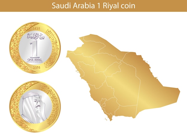 1 riyal Moneda de riyal vectorial de Arabia Saudita Ilustración vectorial aislada en el fondo de un mapa