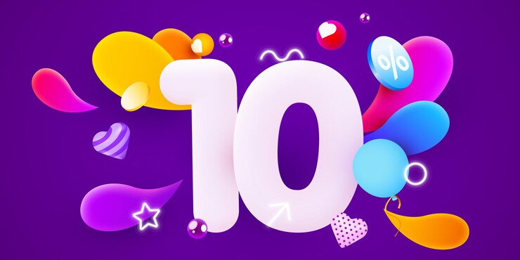 Vector 10 por ciento de descuento. descuento composición creativa. símbolo de venta 3d con objetos decorativos. cartel y pancarta de venta. ilustración vectorial.