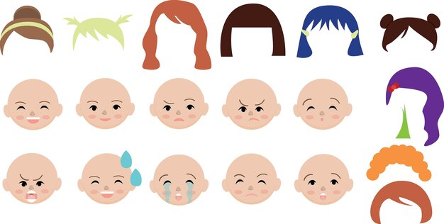10 emociones en la cara con 10 opciones de cortes de pelo para niñas vector
