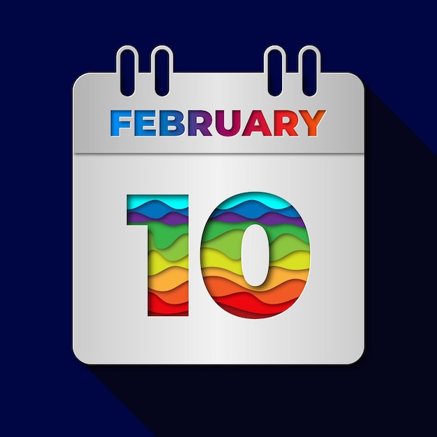 10 de febrero calendario de fecha plana corte de papel mínimo ilustración de diseño de estilo artístico