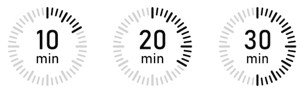 De 10 minutos a 30 minutos en el icono vectorial del cronómetro establecido en el diseño plano Concepto de negocio de señal de cuenta atrás 10 20 30 minutos