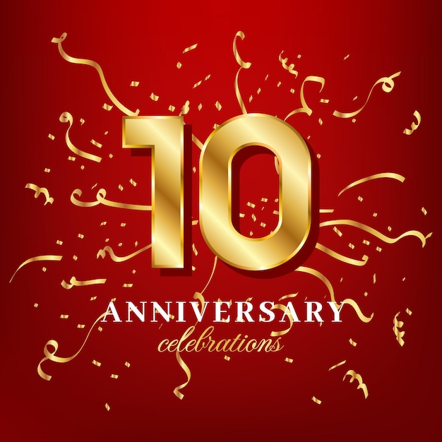 Vector 10 números dorados y texto de celebración de aniversario con confeti dorado esparcido sobre un fondo rojo