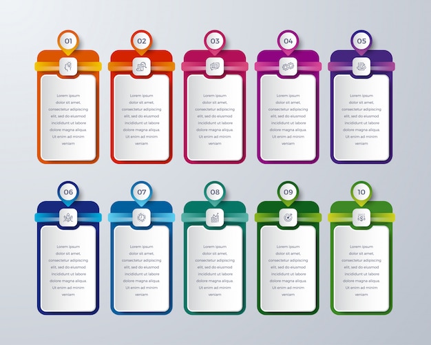 10 pasos o proceso de infografía moderna con diferentes colores.