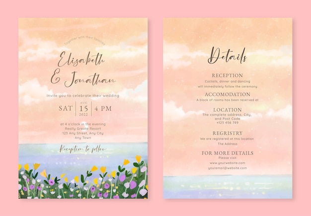 10 Pink Sunset Sky in The Ocean Invitación de boda en acuarela