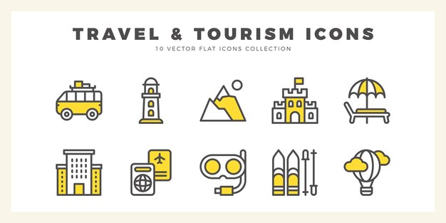 10 Viajes y turismo Iconos de dos colores Ilustración vectorial del paquete