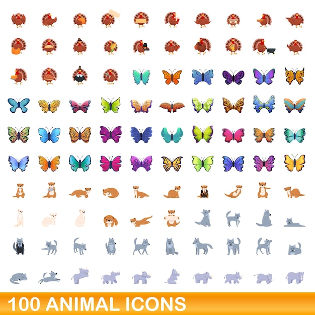 100 animales, conjunto de iconos de estilo de dibujos animados