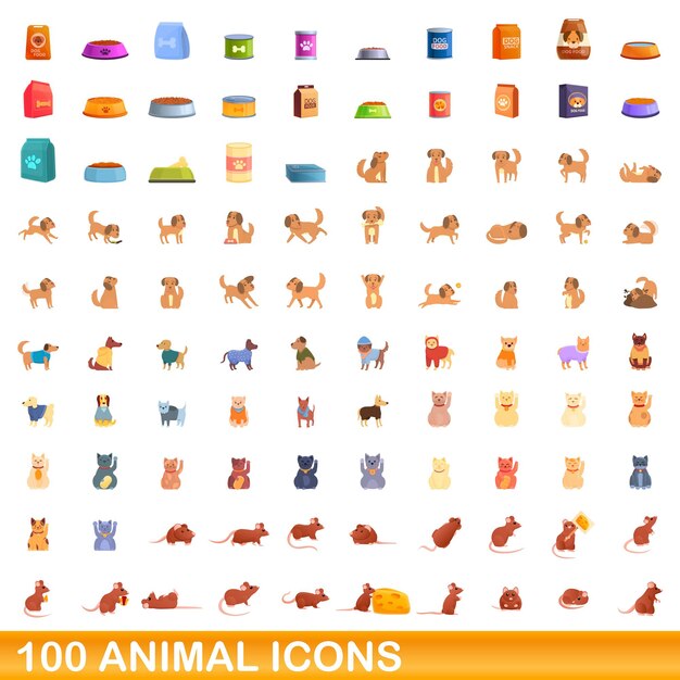 100 animales, conjunto de iconos de estilo de dibujos animados