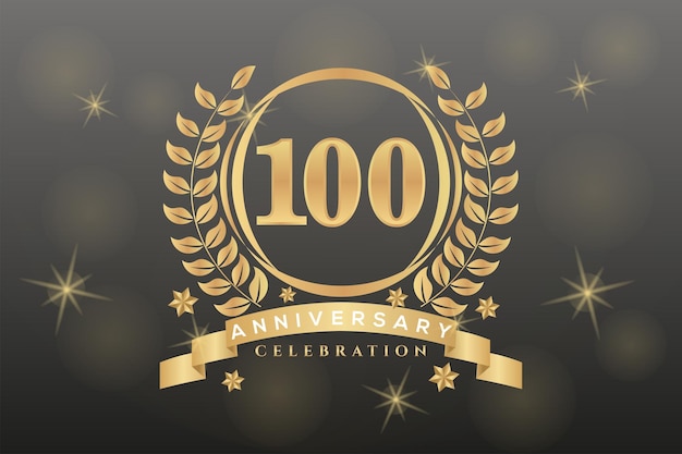 100 años de aniversario con corona, cinta y logo de anillo dorado.