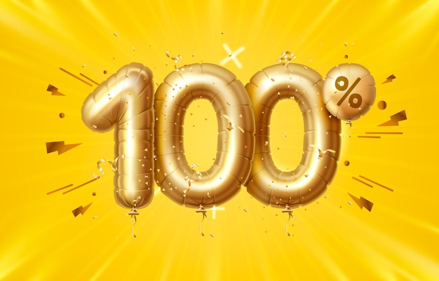 100 apagado. Descuento composición creativa. Símbolo de venta de oro 3D con objetos decorativos, globos en forma de corazón, confeti dorado, podio y caja de regalo. Cartel y pancarta de venta. Ilustración vectorial.