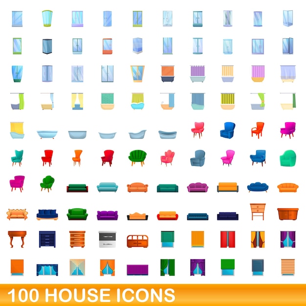 100 casa, conjunto de iconos de estilo de dibujos animados