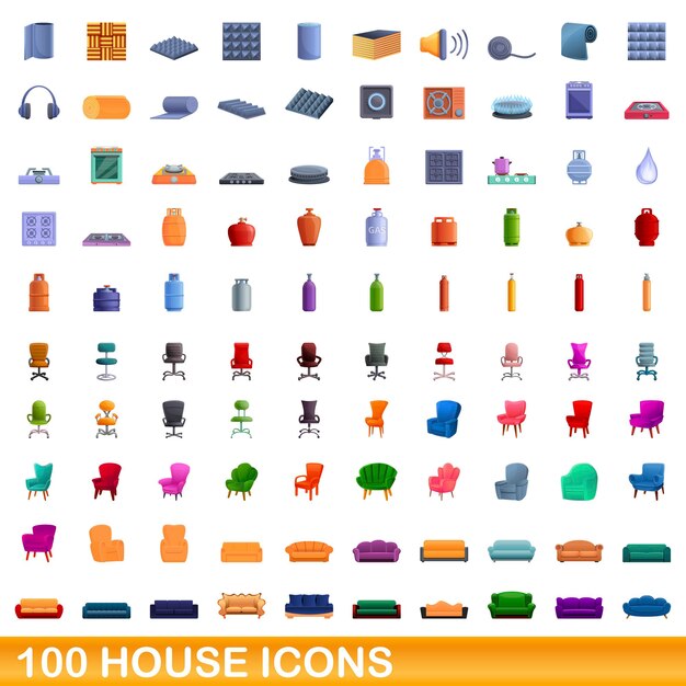 100 casa, conjunto de iconos de estilo de dibujos animados