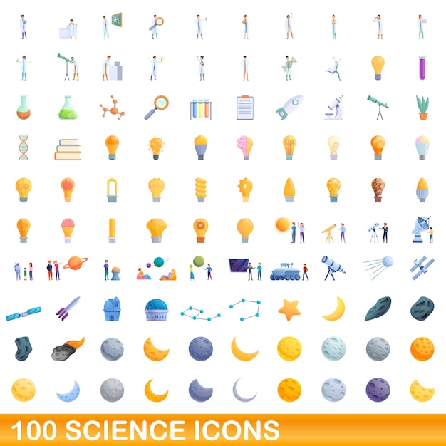 100 ciencia, conjunto de iconos de estilo de dibujos animados