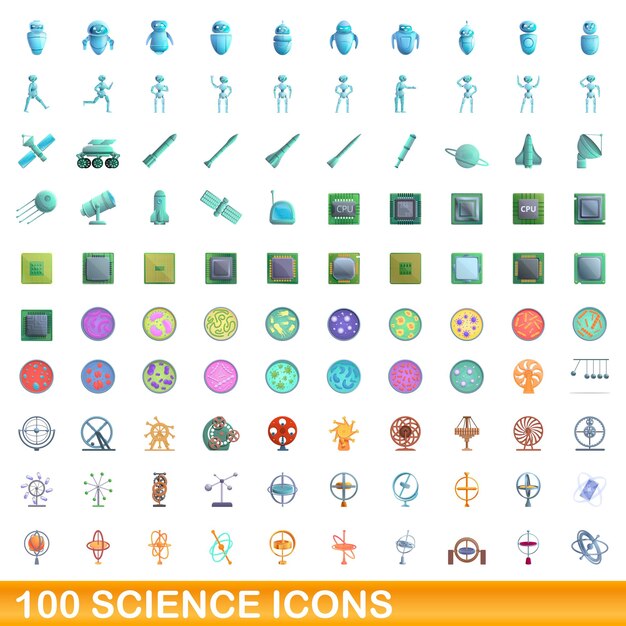 100 ciencia, conjunto de iconos de estilo de dibujos animados