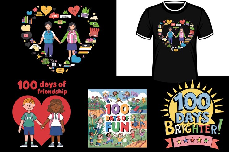 Vector 100 días de diseño de camisetas escolares, amistad, celebraciones divertidas y brillantes