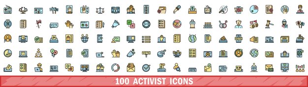 100 iconos de activistas establecen el estilo de la línea de color