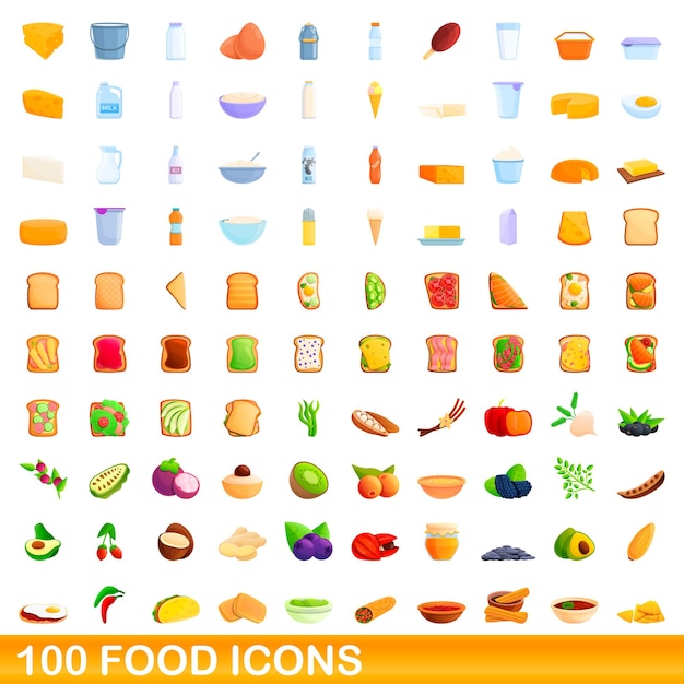 100 iconos de alimentos establecidos. Ilustración de dibujos animados de 100 iconos de alimentos vector conjunto aislado sobre fondo blanco