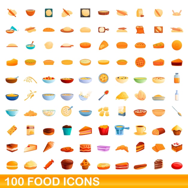 100 iconos de alimentos establecidos. Ilustración de dibujos animados de 100 iconos de alimentos vector conjunto aislado sobre fondo blanco