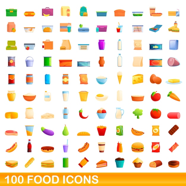 100 iconos de alimentos establecidos. Ilustración de dibujos animados de 100 iconos de alimentos vector conjunto aislado sobre fondo blanco