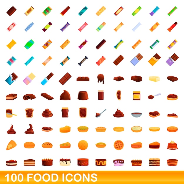 100 iconos de alimentos establecidos. Ilustración de dibujos animados de 100 iconos de alimentos vector conjunto aislado sobre fondo blanco