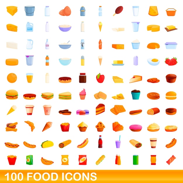 100 iconos de alimentos establecidos. Ilustración de dibujos animados de 100 iconos de alimentos vector conjunto aislado sobre fondo blanco