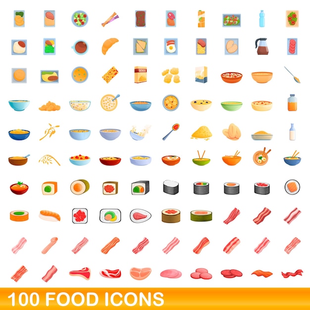 100 iconos de alimentos establecidos. Ilustración de dibujos animados de 100 iconos de alimentos vector conjunto aislado sobre fondo blanco