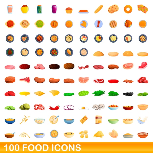 100 iconos de alimentos establecidos. Ilustración de dibujos animados de 100 iconos de alimentos vector conjunto aislado sobre fondo blanco