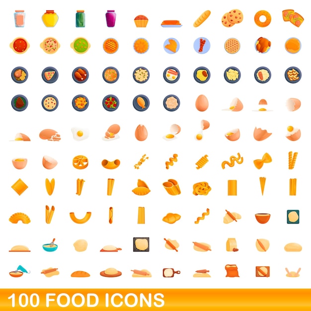 100 iconos de alimentos establecidos. Ilustración de dibujos animados de 100 iconos de alimentos vector conjunto aislado sobre fondo blanco