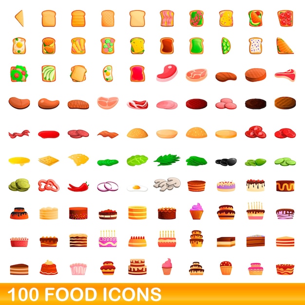 100 iconos de alimentos establecidos. Ilustración de dibujos animados de 100 iconos de alimentos vector conjunto aislado sobre fondo blanco