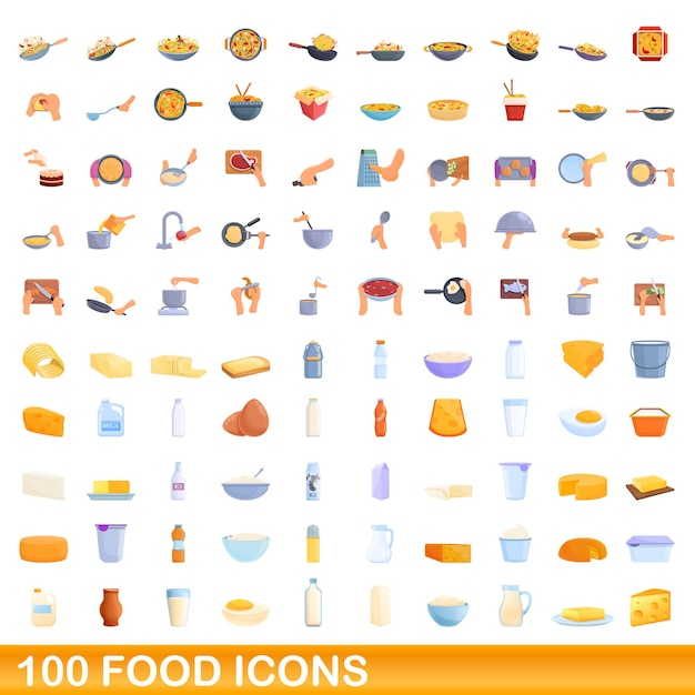 100 iconos de alimentos establecidos. Ilustración de dibujos animados de 100 iconos de alimentos vector conjunto aislado sobre fondo blanco