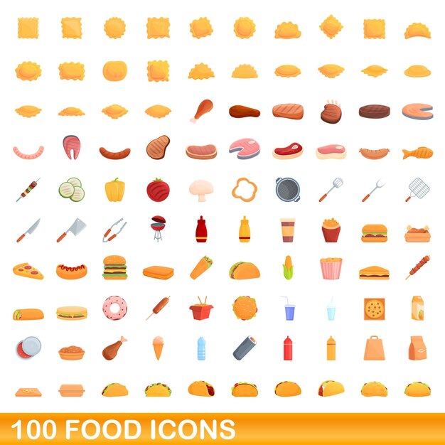 100 iconos de alimentos establecidos. Ilustración de dibujos animados de 100 iconos de alimentos vector conjunto aislado sobre fondo blanco