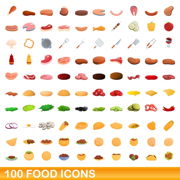 100 iconos de alimentos establecidos. ilustración de dibujos animados de 100 iconos de alimentos vector conjunto aislado sobre fondo blanco