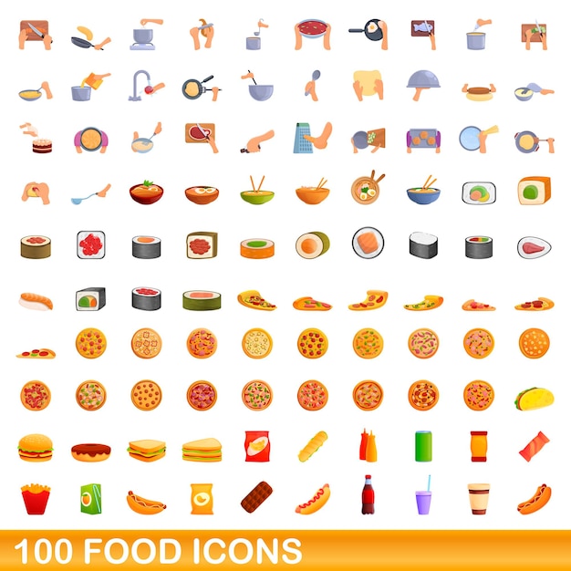 100 iconos de alimentos establecidos. Ilustración de dibujos animados de 100 iconos de alimentos vector conjunto aislado sobre fondo blanco