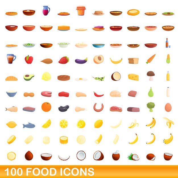 100 iconos de alimentos establecidos. Ilustración de dibujos animados de 100 iconos de alimentos vector conjunto aislado sobre fondo blanco