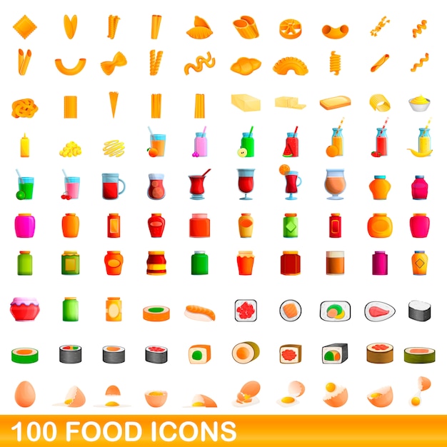 100 iconos de alimentos, estilo de dibujos animados