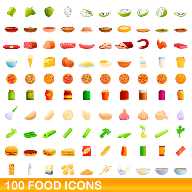 100 iconos de alimentos, estilo de dibujos animados