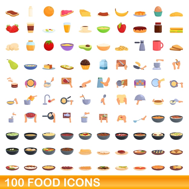 100 iconos de alimentos, estilo de dibujos animados