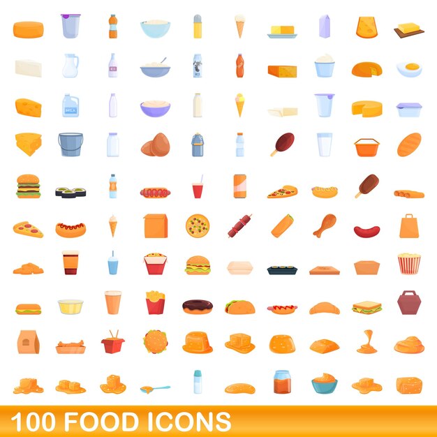 100 iconos de alimentos, estilo de dibujos animados