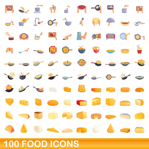 100 iconos de alimentos, estilo de dibujos animados