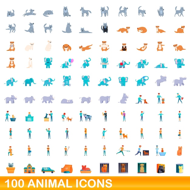100 iconos de animales establecidos. Ilustración de dibujos animados de 100 iconos de animales vector conjunto aislado sobre fondo blanco