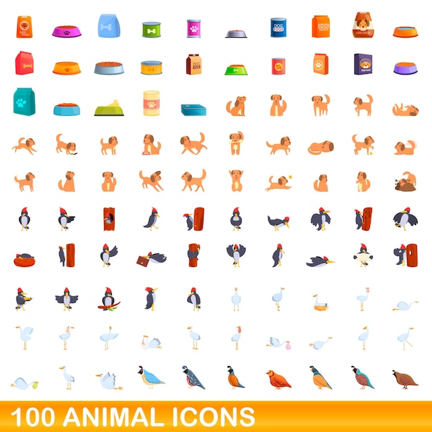 100 iconos de animales establecidos. Ilustración de dibujos animados de 100 iconos de animales vector conjunto aislado sobre fondo blanco