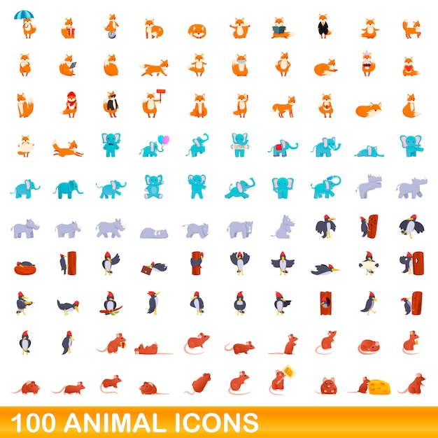 Vector 100 iconos de animales establecidos. ilustración de dibujos animados de 100 iconos de animales vector conjunto aislado sobre fondo blanco