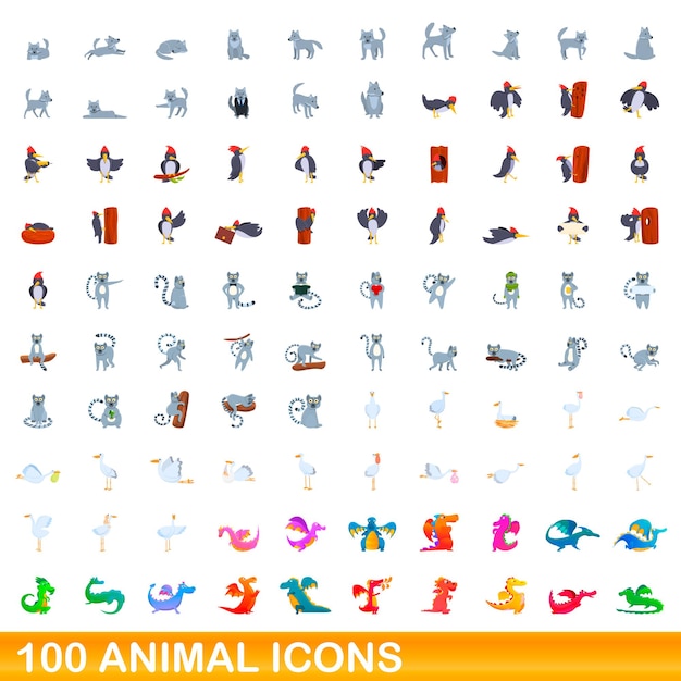 100 iconos de animales establecidos. Ilustración de dibujos animados de 100 iconos de animales vector conjunto aislado sobre fondo blanco